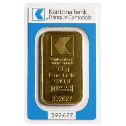 Zlatý slitek 100 g Kantonalbank poškozený obal