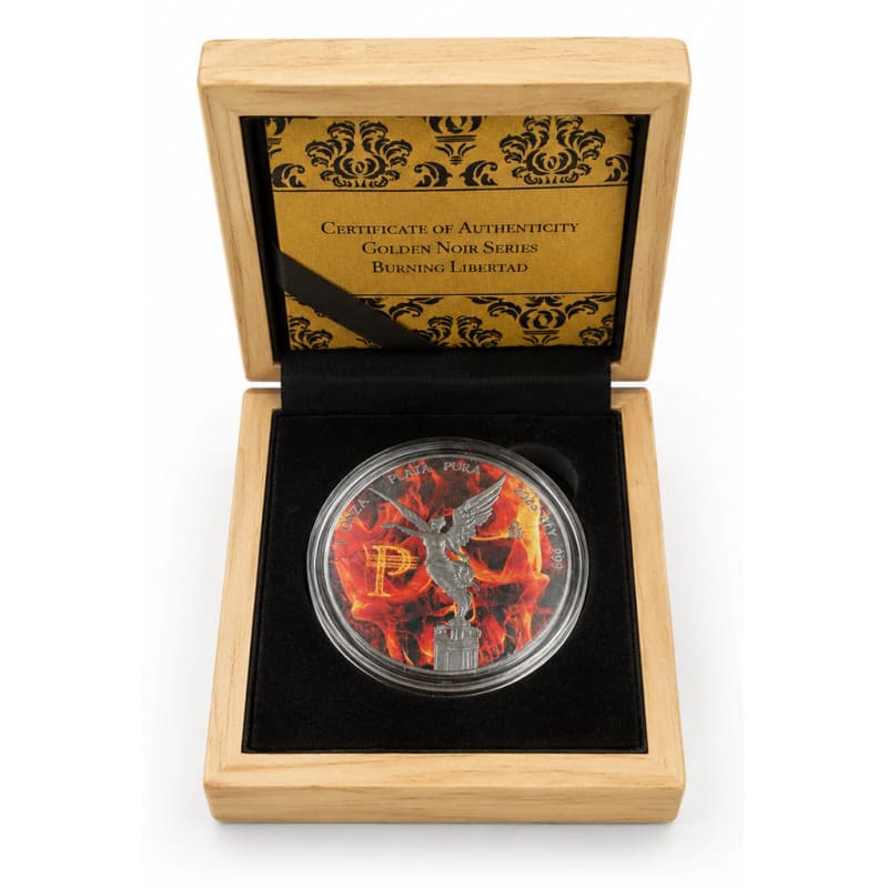 Stříbrná mince 1 Oz Golden Noir Series Burning Libertad 2023 Kolorováno