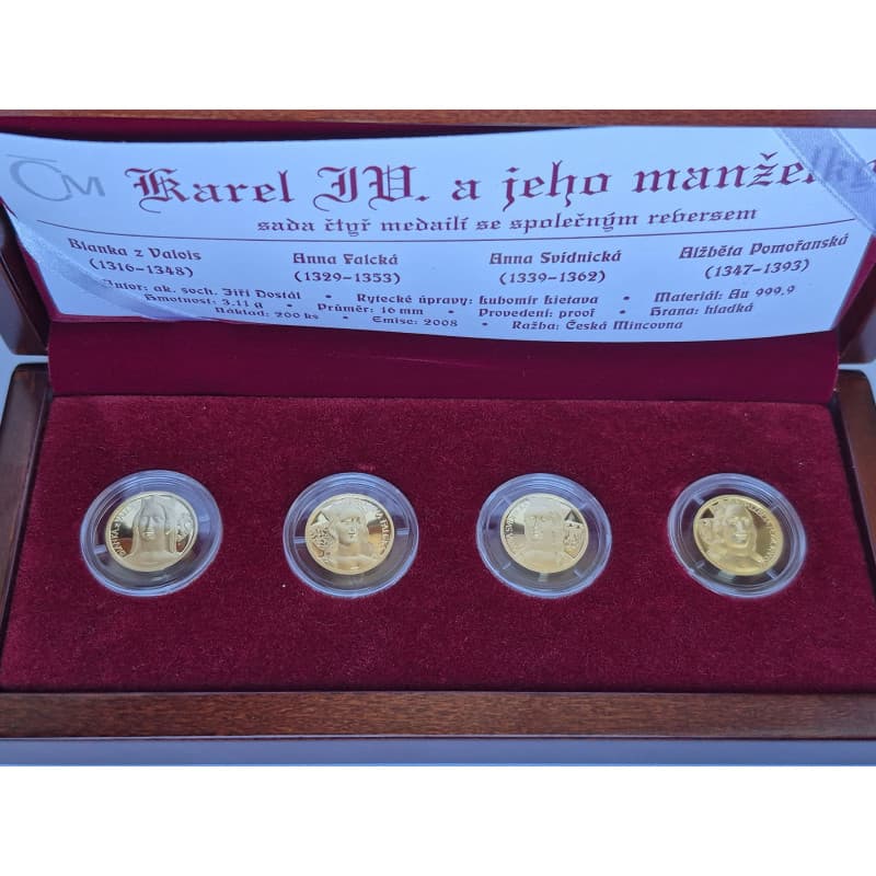 Sada zlatých medailí 4 x 1/10 Oz Karel IV. a jeho manželky 2008 Proof