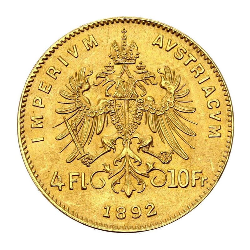 Zlatá mince 10 Frank 4 Zlatník Franz Josef I. různé roky (1870-1892)