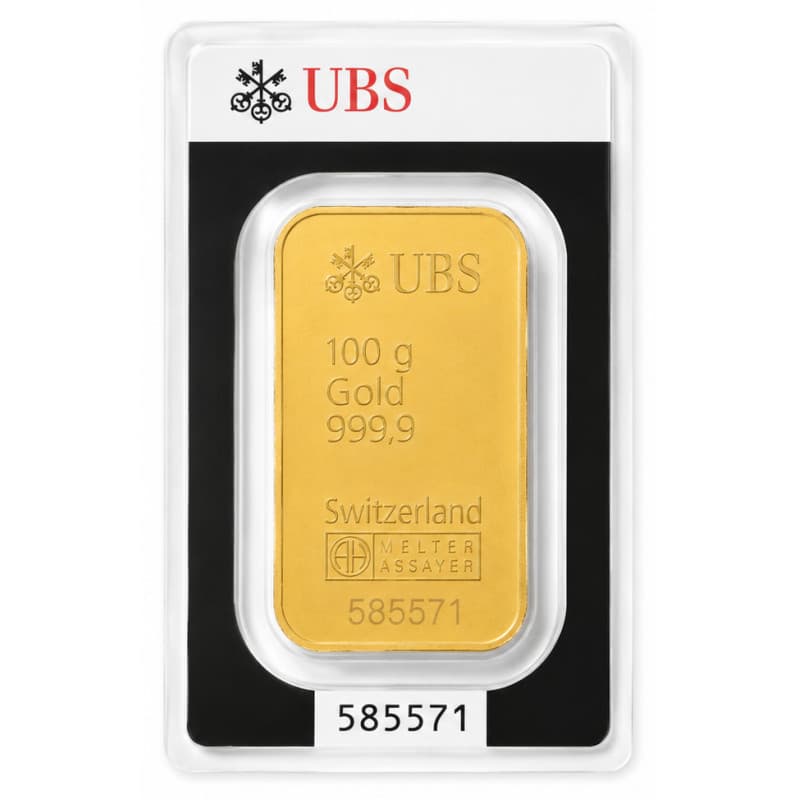 Zlatý slitek 100 g Argor Heraeus UBS