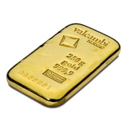 Zlatý slitek 250 g Valcambi litý