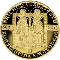 Zlatá mince 1 Oz Příchod věrozvěstů Konstantina a Metoděje 2013 Proof
