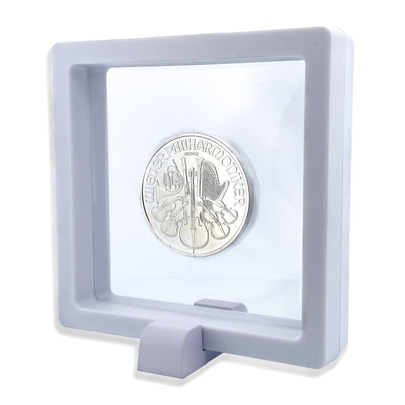 Rámeček na minci 3D box 90 mm bílá + obdélníkový stojánek