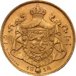 Zlatá mince 20 Frank Belgie Albert I různé roky (1909-1934)