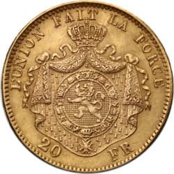 Zlatá mince 20 Frank Belgie Leopold II různé roky (1867 -1882)