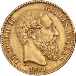 Zlatá mince 20 Frank Belgie Leopold II různé roky (1867 -1882)