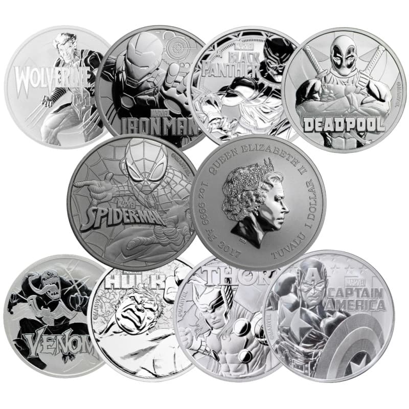 Sada stříbrných mincí 9 x 1 Oz Marvel 2017-2021